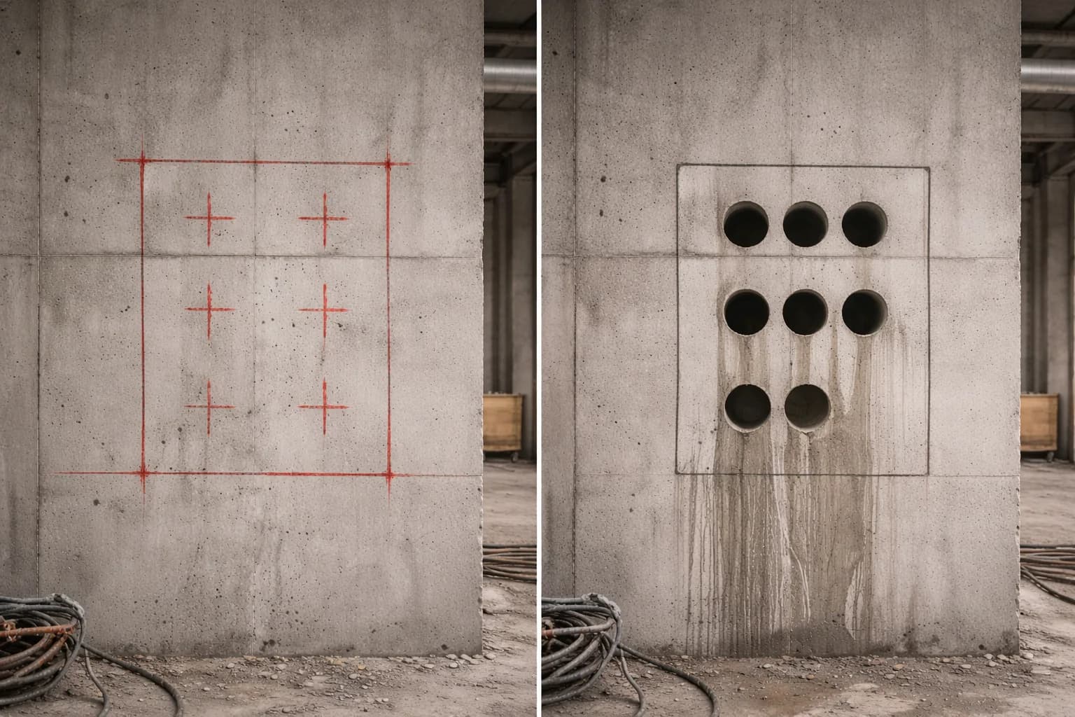 До и после алмазного бурения отверстий