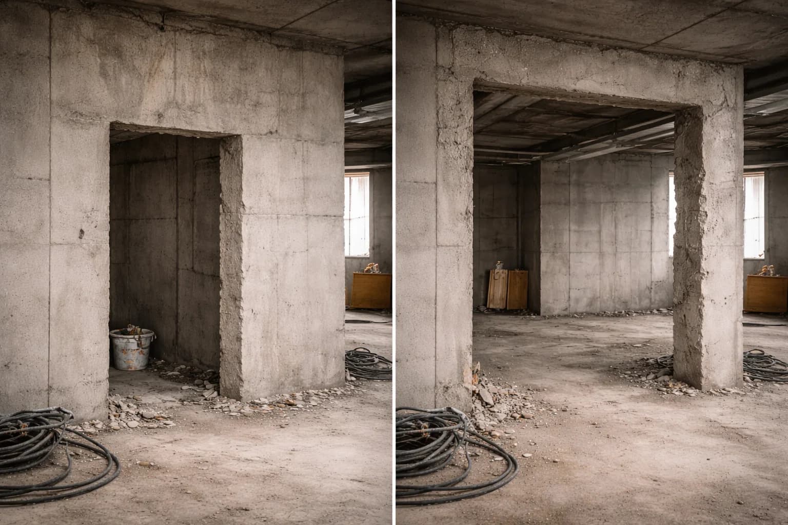 До и после алмазной резки проема